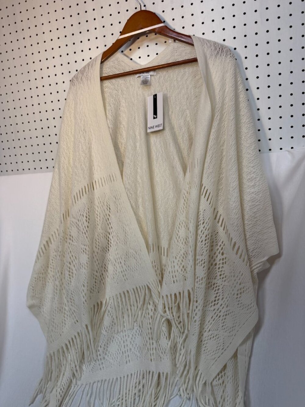 Nine West Poncho Shawl One Size NWT Cream Open Knit Fringe Wrap Cardigan Coverup